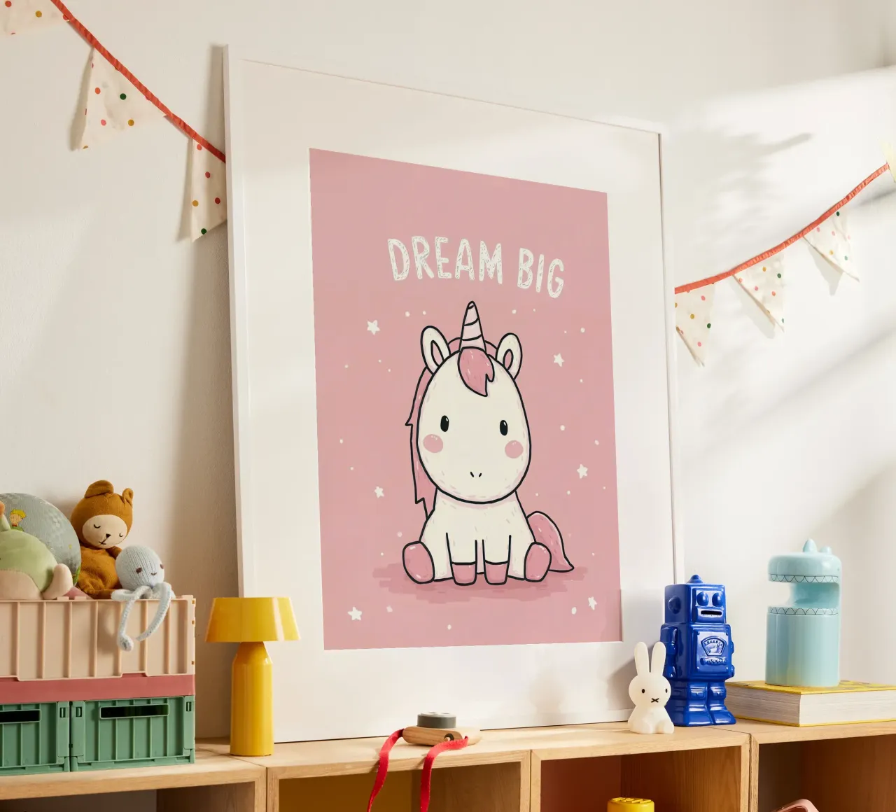 Pink Unicorn Sitting Under “Dream Big” Stars poster with plastic frame by Moodwall