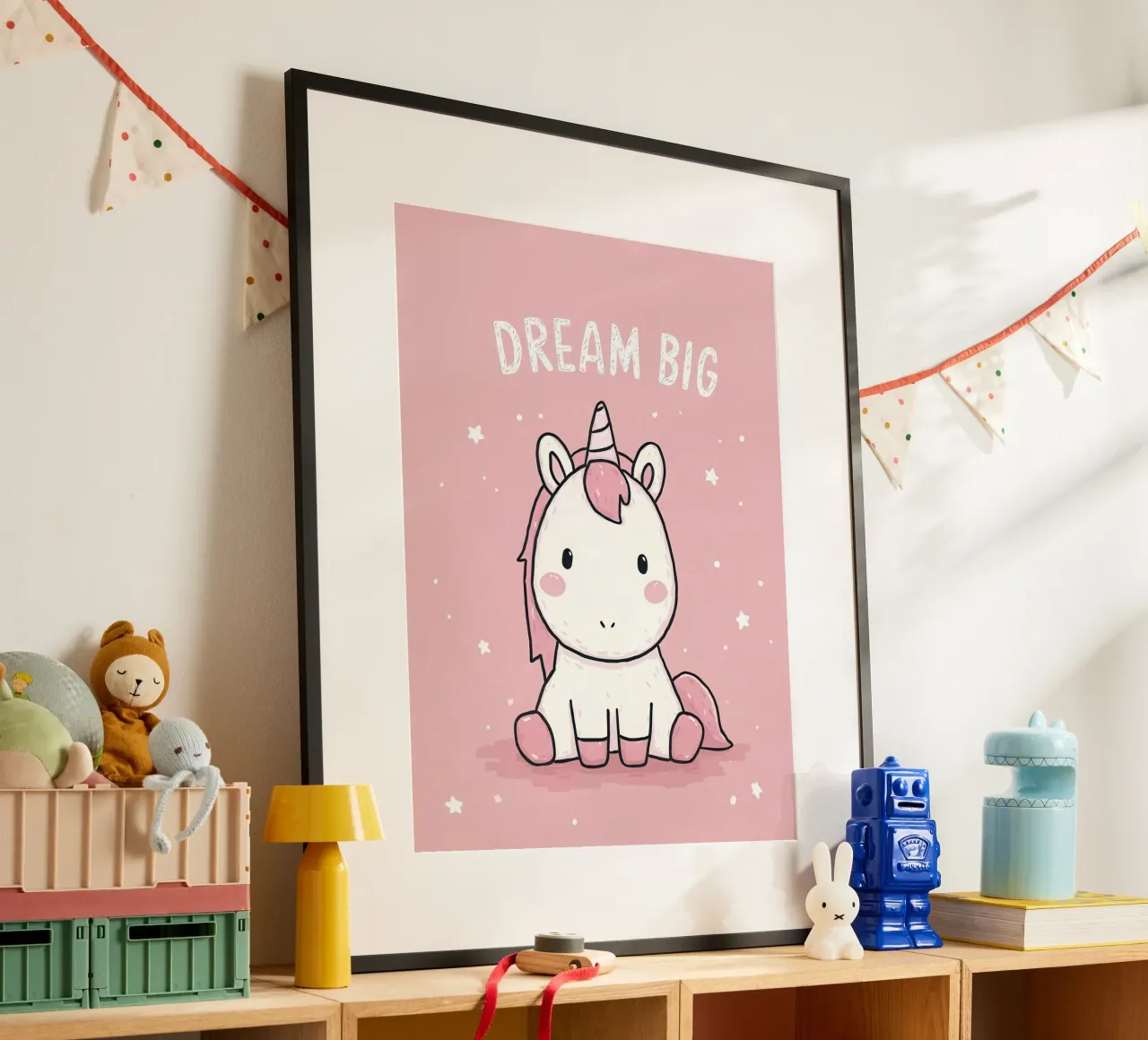 Pink Unicorn Sitting Under “Dream Big” Stars poster by Moodwall