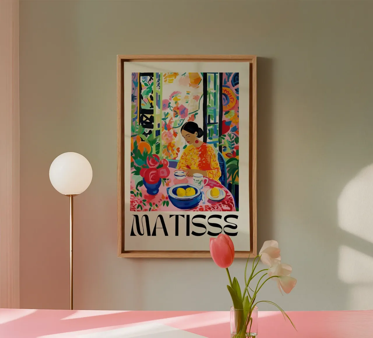 a woman sitting at a table with a bowl of fruit canvas with Floater frame by sazkia art
