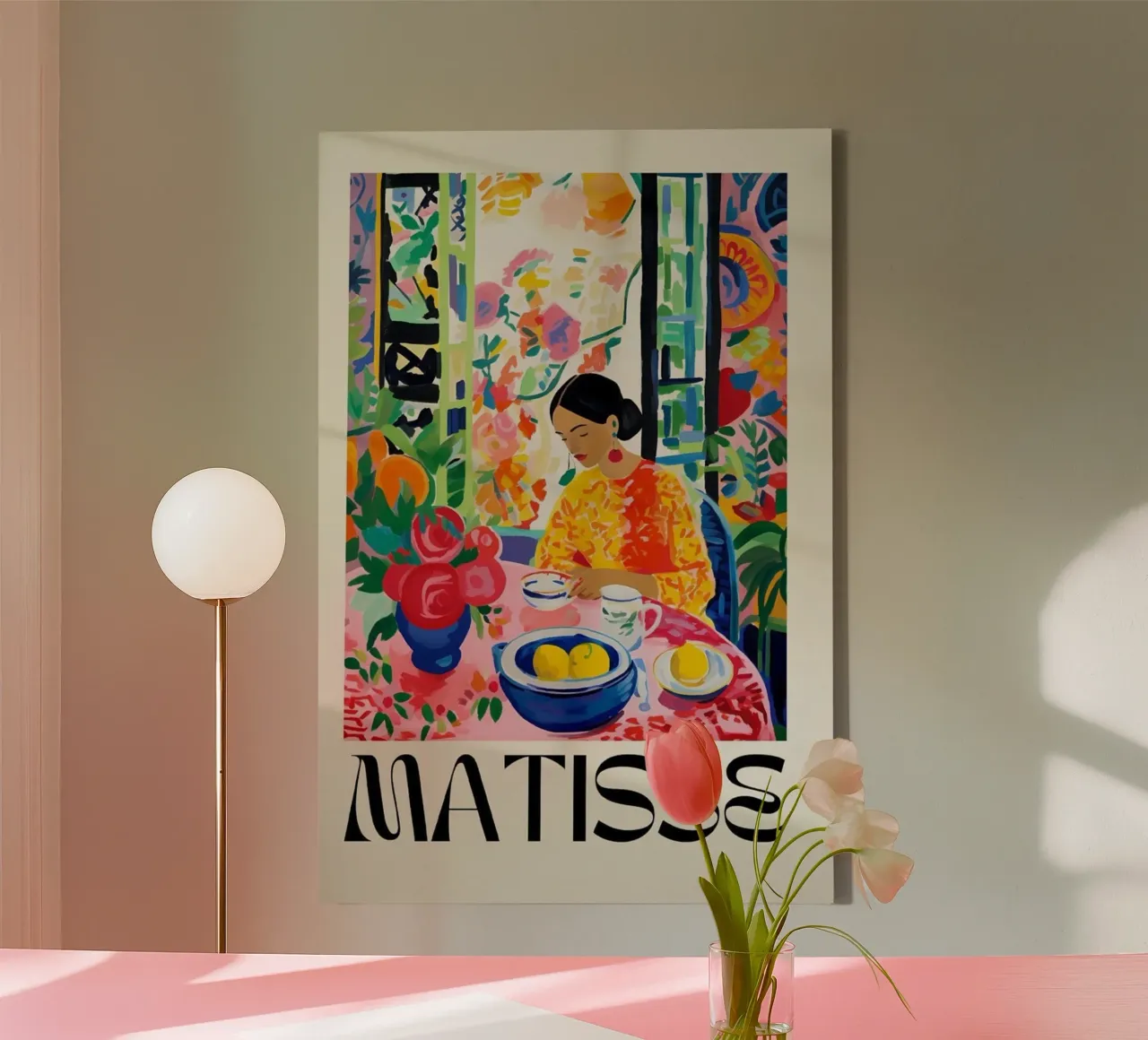 a woman sitting at a table with a bowl of fruit canvas with Floater frame by sazkia art