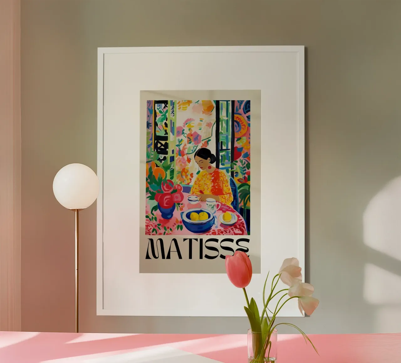 une femme assise à une table avec une coupe de fruits poster avec cadre en bois de sazkia art