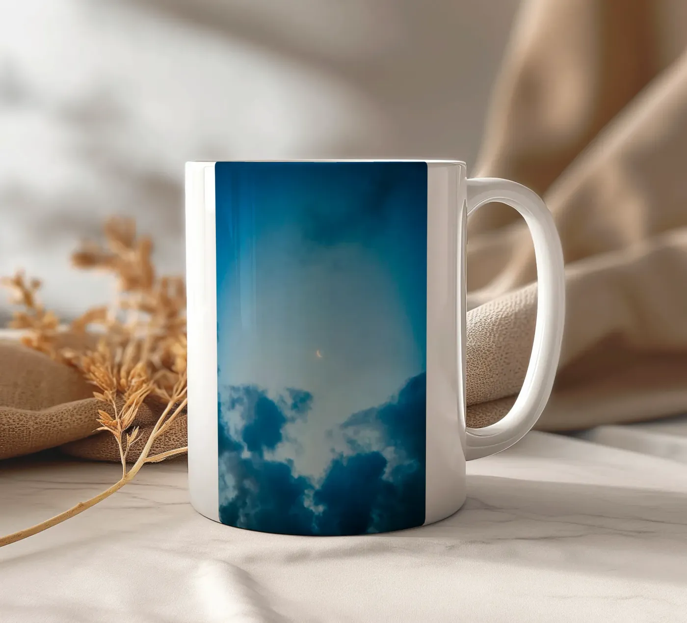 crescent moon clouds ceramic mug by Earthly Visions