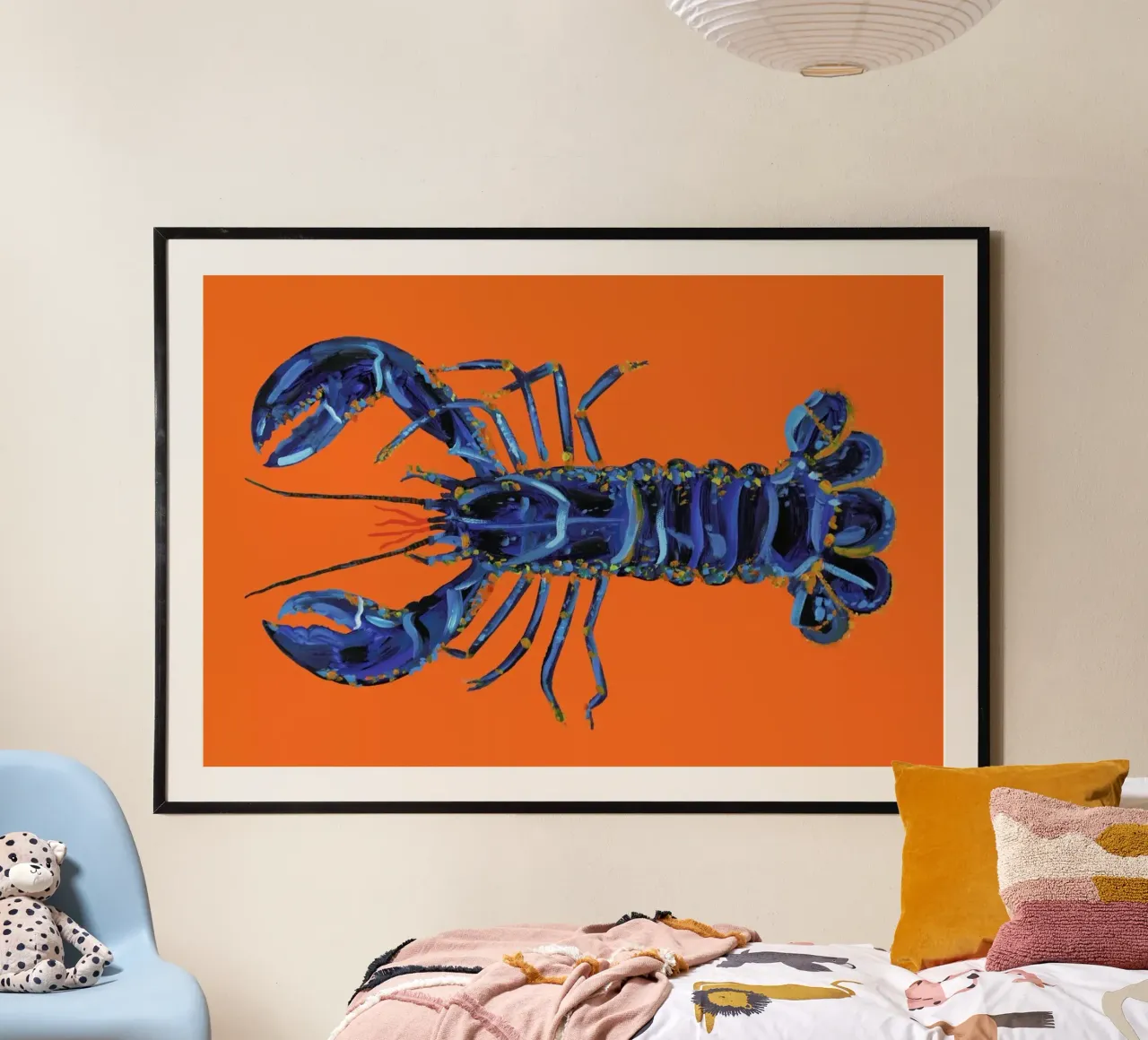 Lobster On Orange poster con telaio in plastica da Alice Straker