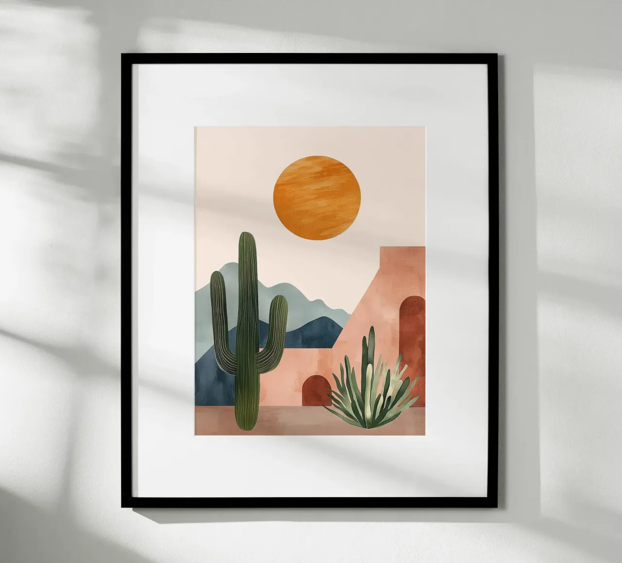 Cactus tropicale Boho del deserto con montagne solari in terracotta poster con telaio in plastica da Gentle Echoes Art