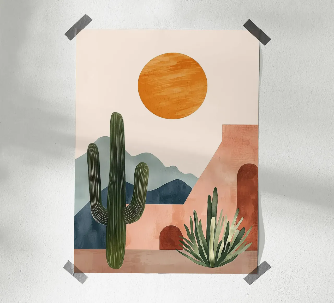 Cactus tropicale Boho del deserto con montagne solari in terracotta poster con telaio in plastica da Gentle Echoes Art