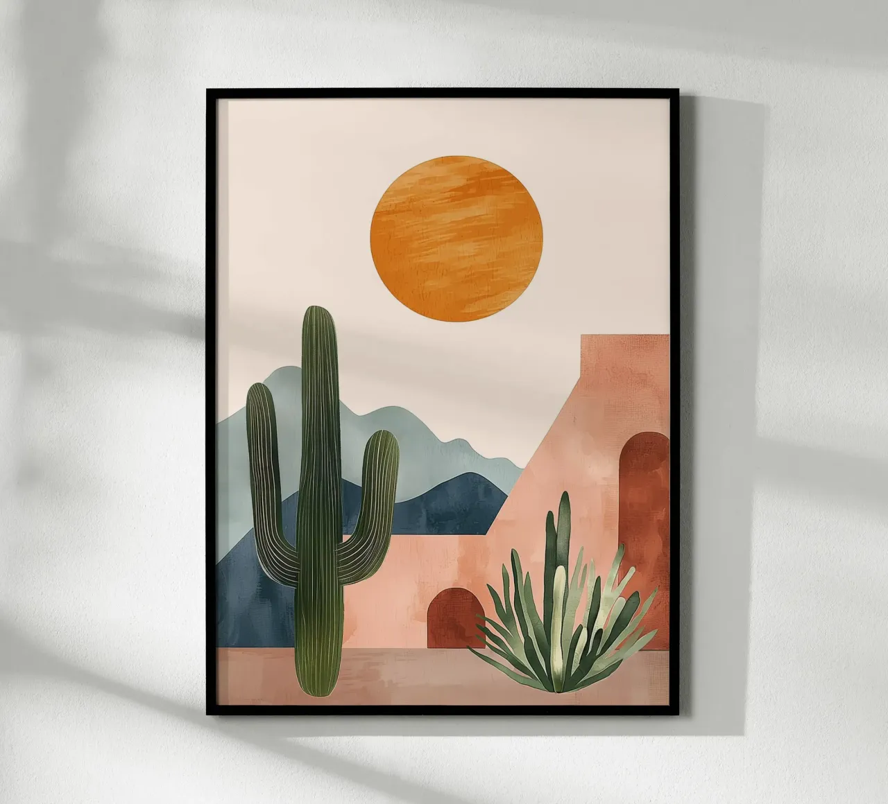 Cactus tropicale Boho del deserto con montagne solari in terracotta poster con telaio in plastica da Gentle Echoes Art