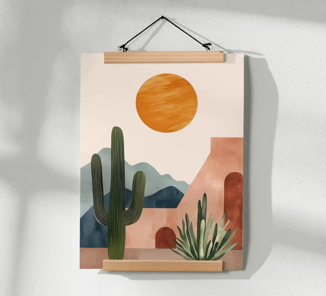 Cactus tropicale Boho del deserto con montagne solari in terracotta poster con telaio in plastica da Gentle Echoes Art