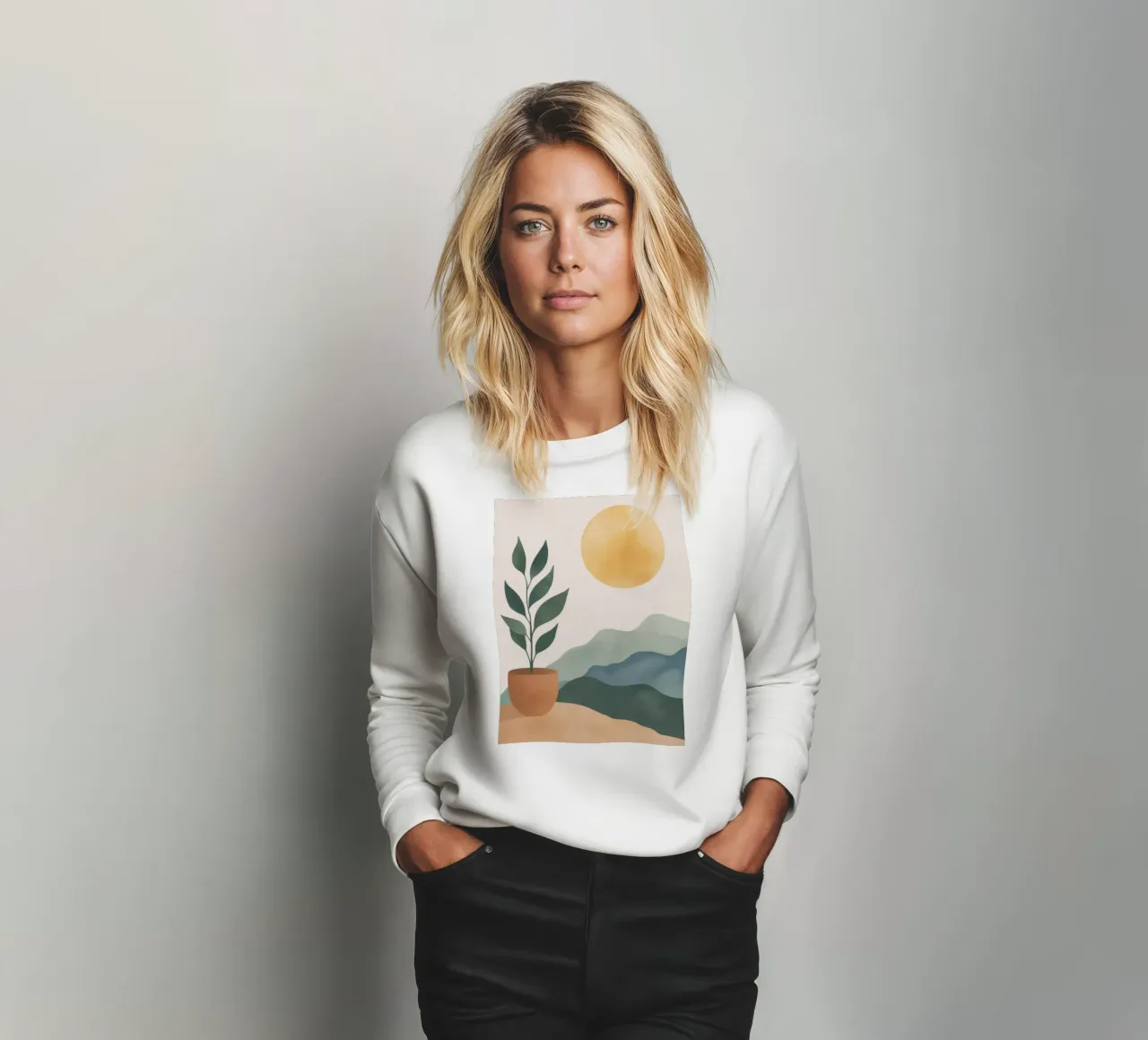 Boho Greenery en maceta con montañas de sol Earthy Minimal Art sudadera de Gentle Echoes Art