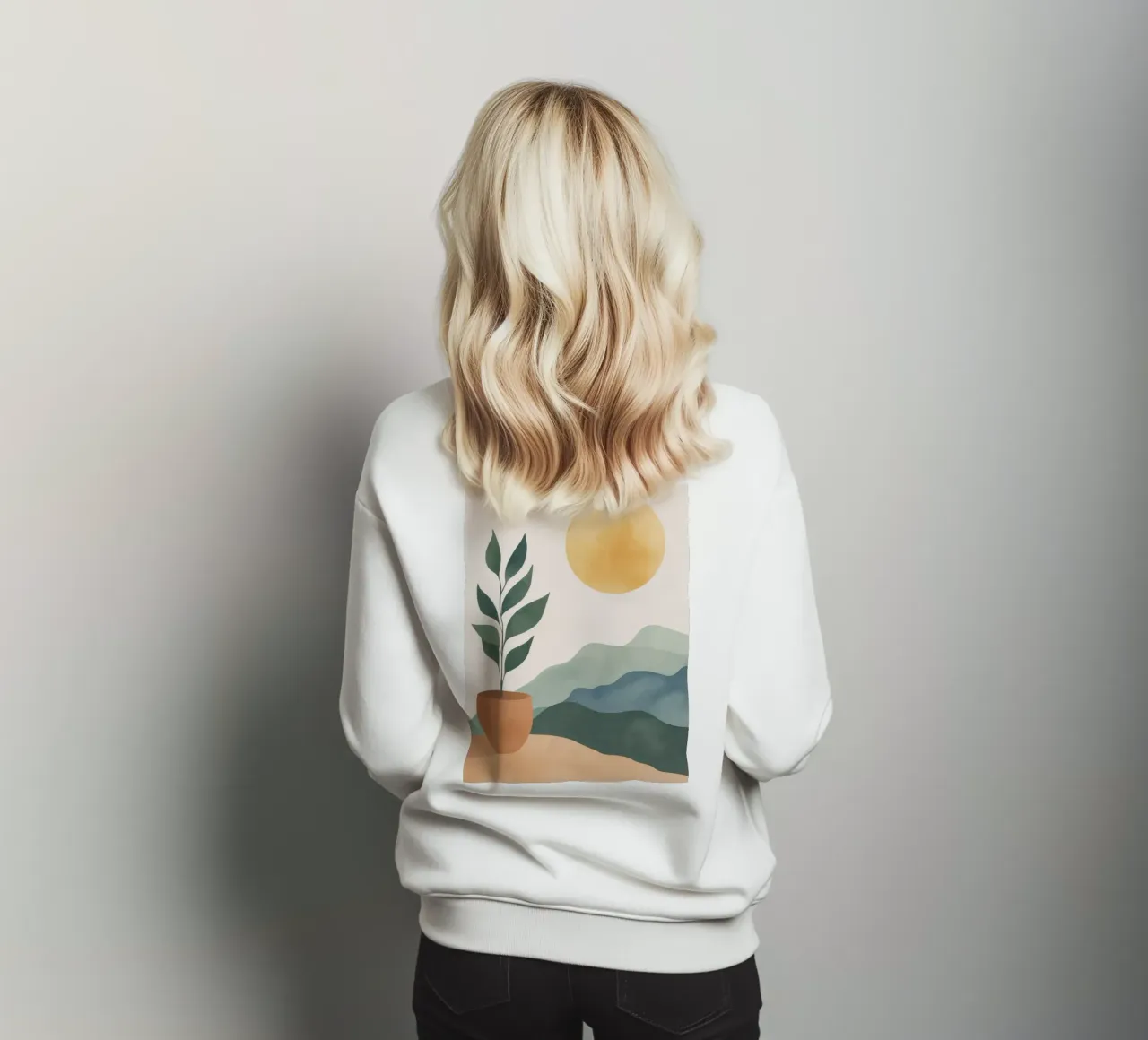 Boho Greenery en maceta con montañas de sol Earthy Minimal Art sudadera de Gentle Echoes Art