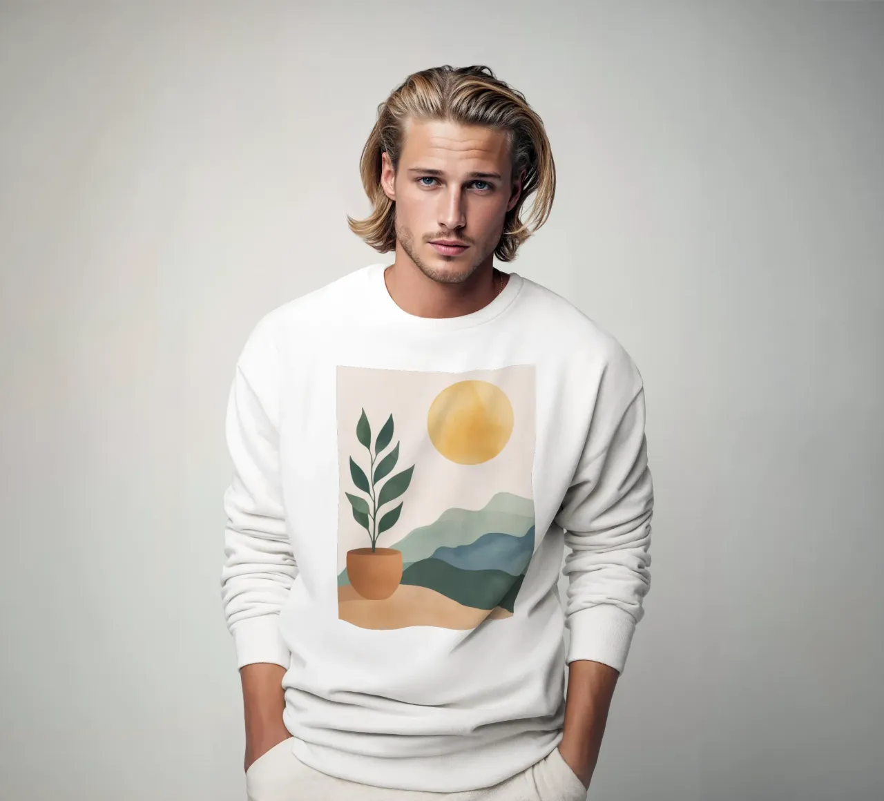 Boho Greenery en maceta con montañas de sol Earthy Minimal Art sudadera de Gentle Echoes Art
