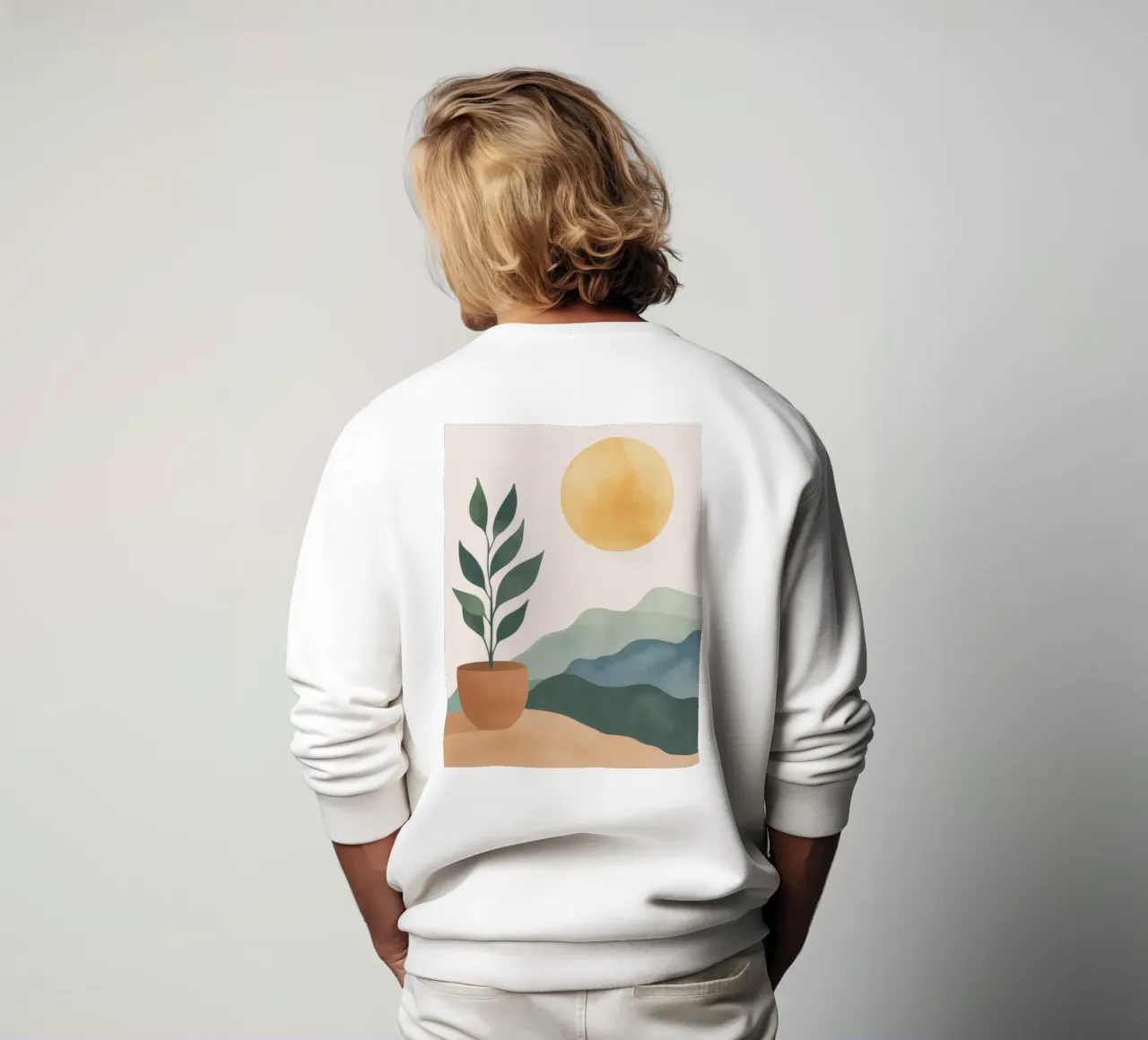 Boho Greenery en maceta con montañas de sol Earthy Minimal Art sudadera de Gentle Echoes Art