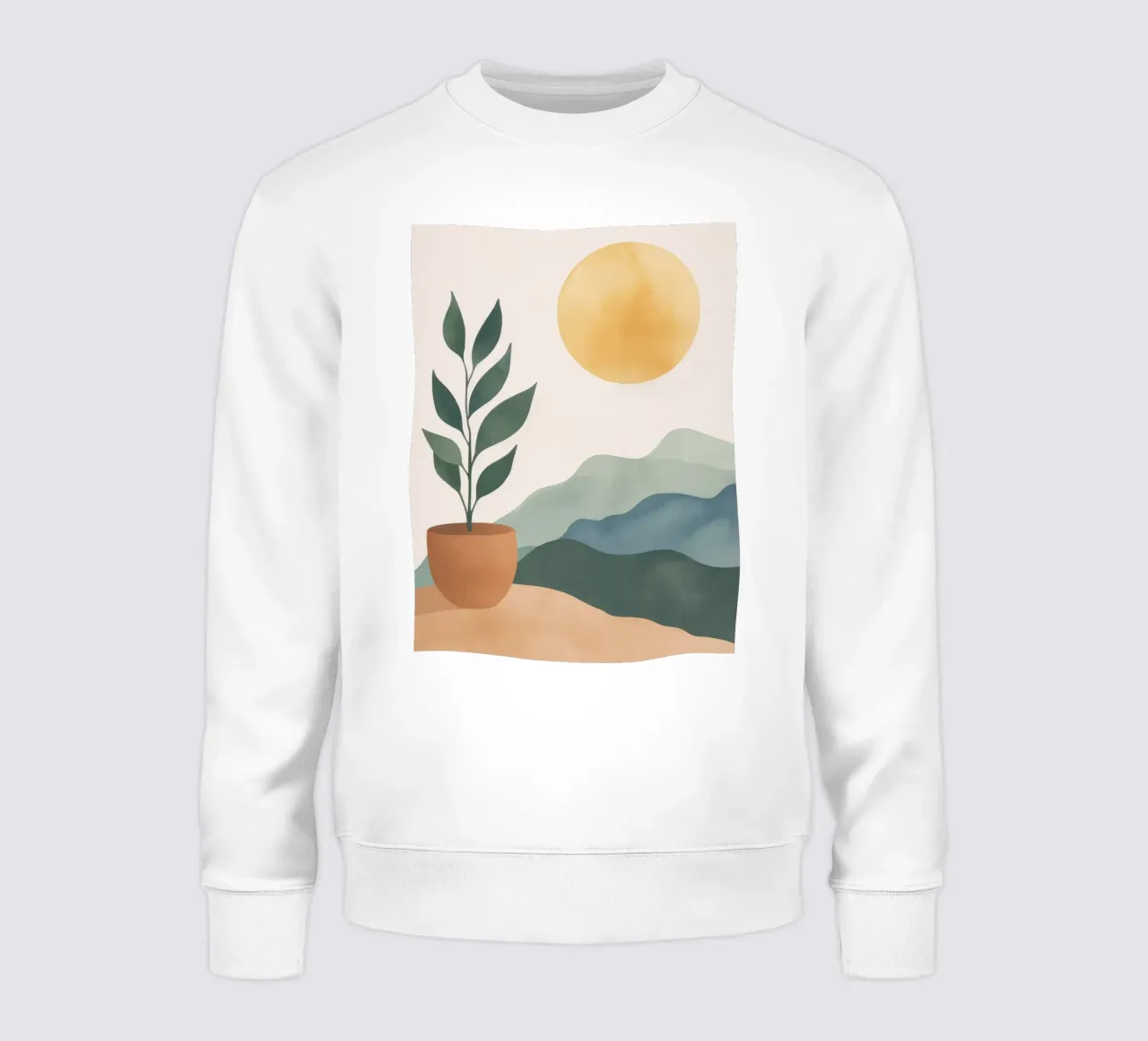 Boho Greenery en maceta con montañas de sol Earthy Minimal Art sudadera de Gentle Echoes Art