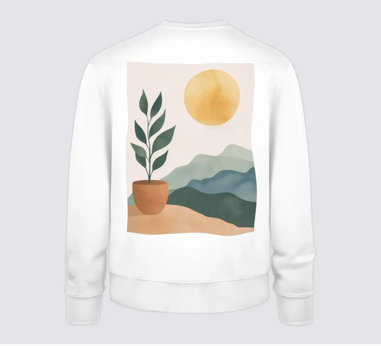 Boho Greenery en maceta con montañas de sol Earthy Minimal Art sudadera de Gentle Echoes Art