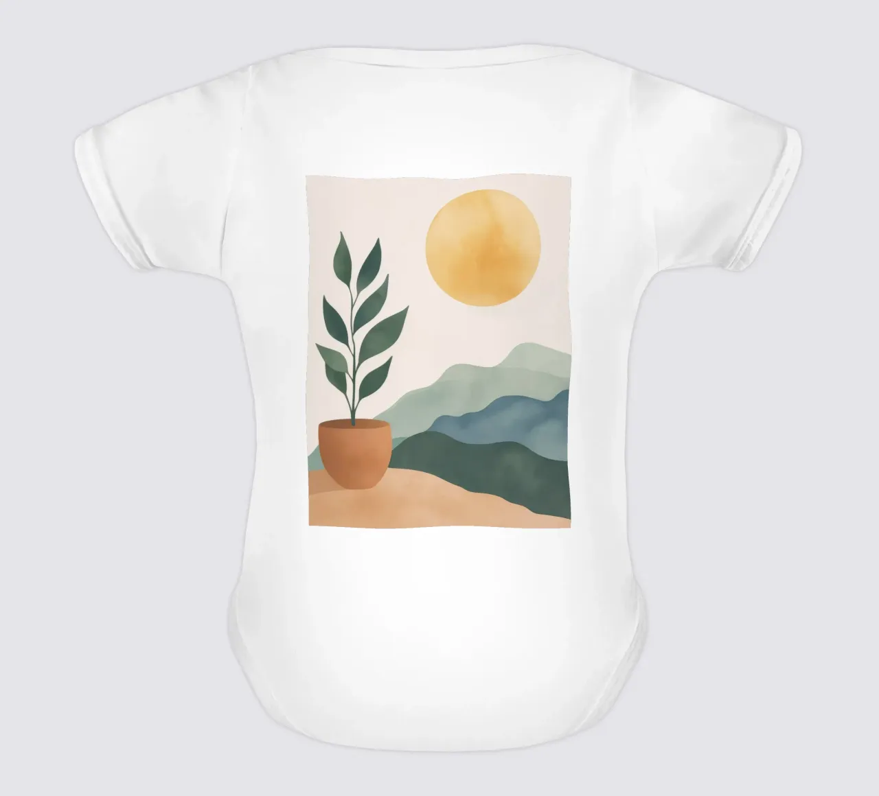 Boho Greenery en maceta con montañas de sol Earthy Minimal Art body de bebé de Gentle Echoes Art