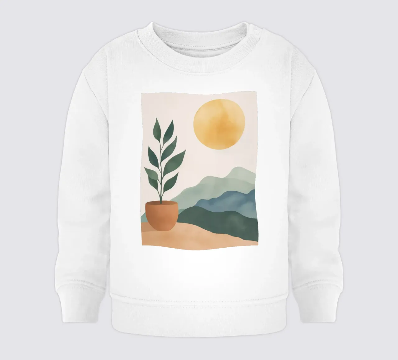 Boho Greenery in Pot with Sun Mountains Earthy Minimal Art baby sweatshirt by Gentle Echoes Art