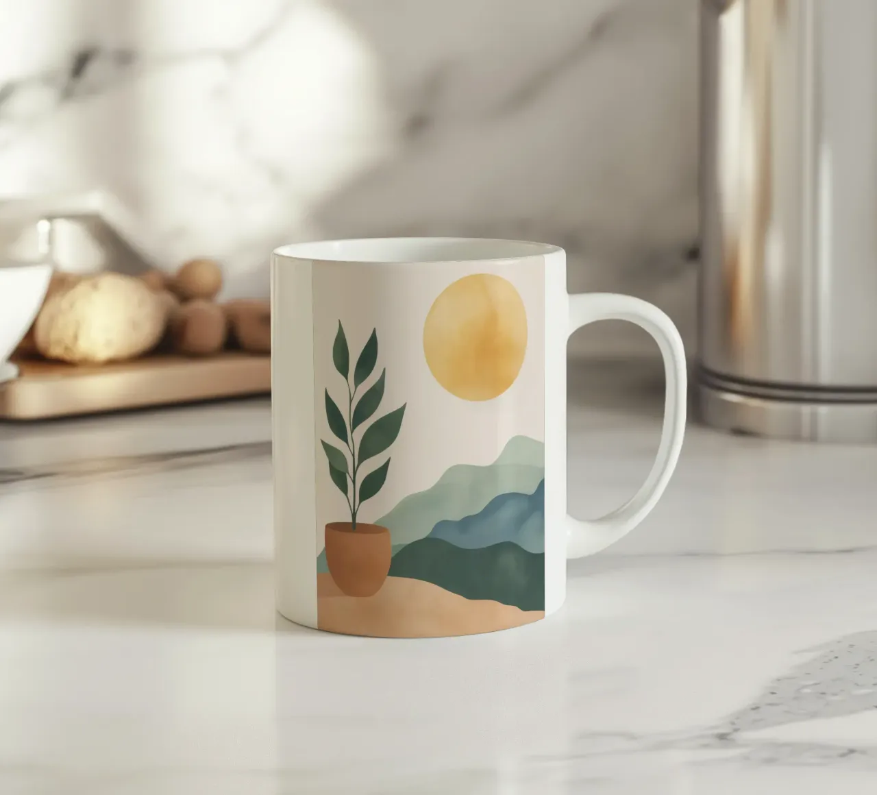 Verde bohémien in vaso con montagne di sole Arte minimale e terrena tazza in ceramica da Gentle Echoes Art