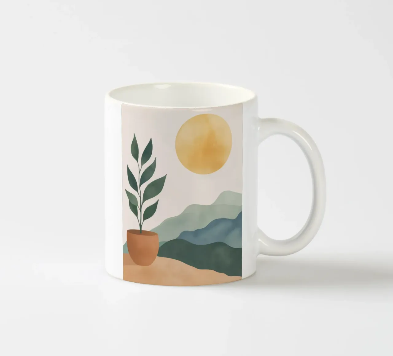 Verde bohémien in vaso con montagne di sole Arte minimale e terrena tazza in ceramica da Gentle Echoes Art