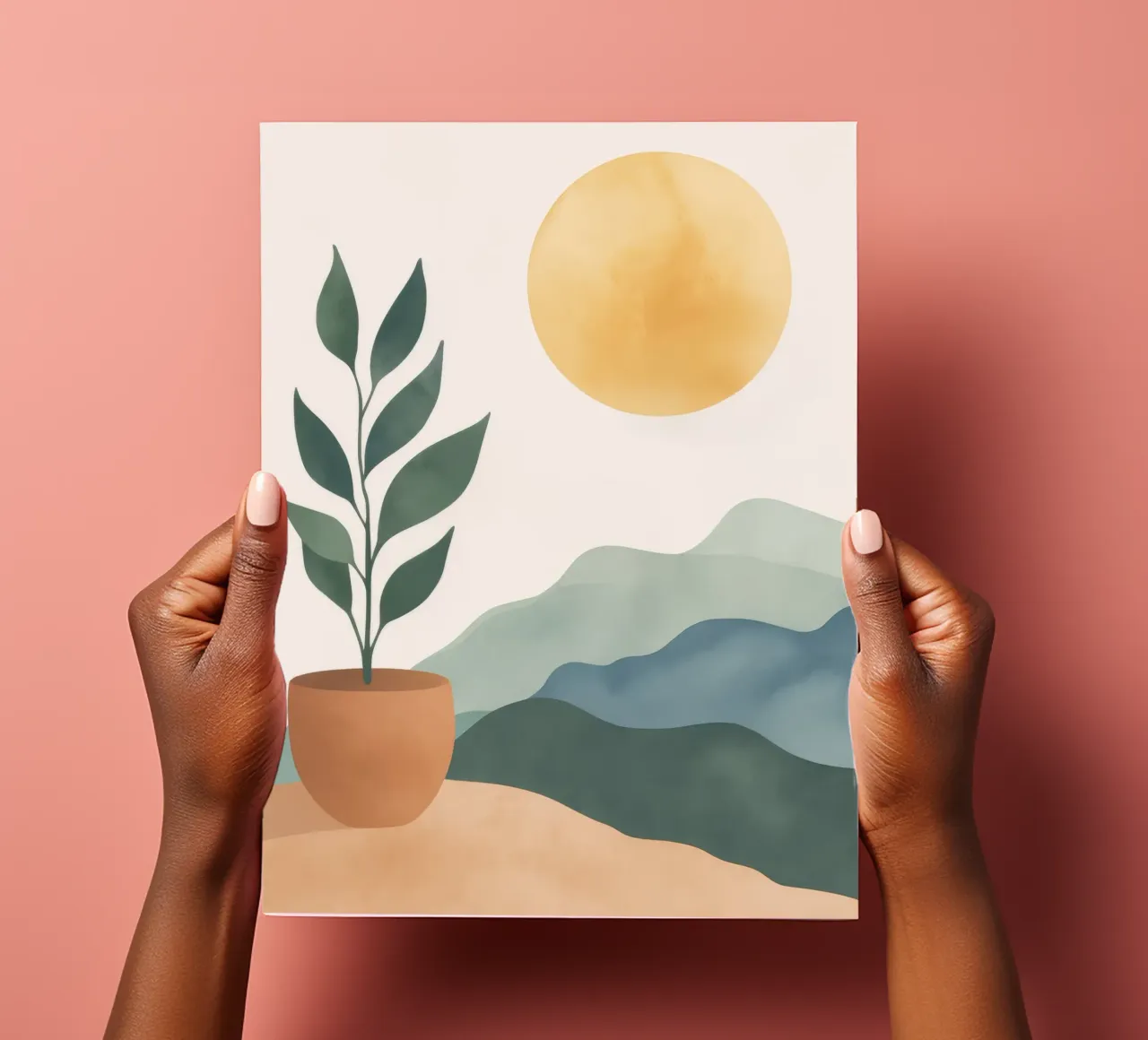 Boho Greenery in Topf mit Sonne Berge Earthy Minimal Art Stickerbogen von Gentle Echoes Art