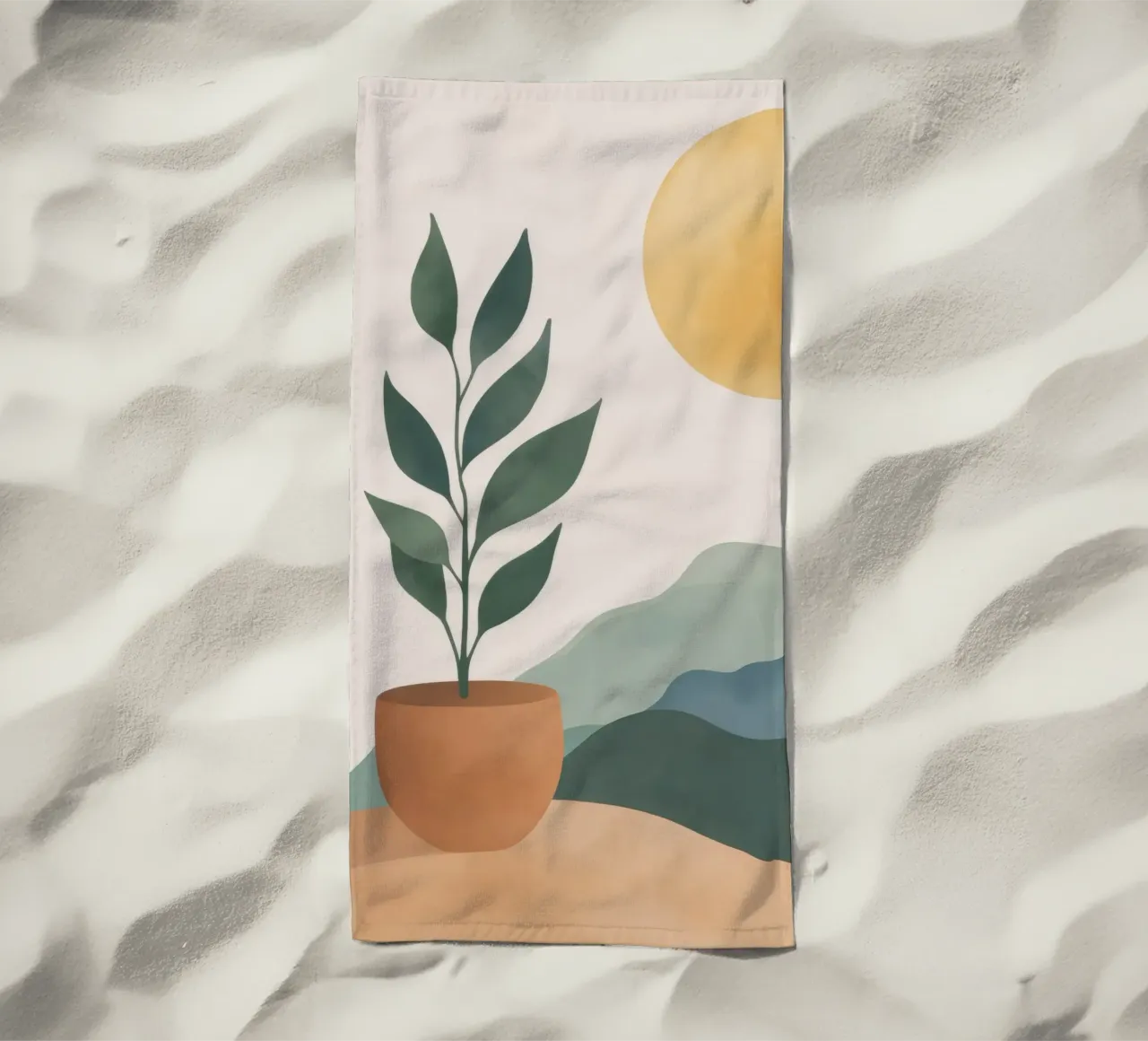 Boho Greenery in Topf mit Sonne Berge Earthy Minimal Art Strandtuch von Gentle Echoes Art