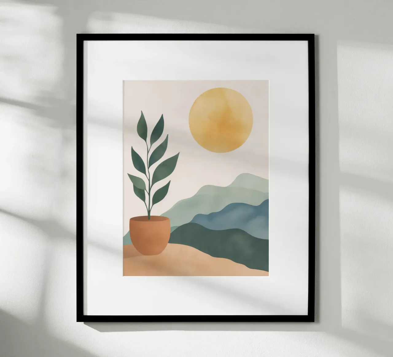 Boho Greenery in Topf mit Sonne Berge Earthy Minimal Art Poster von Gentle Echoes Art
