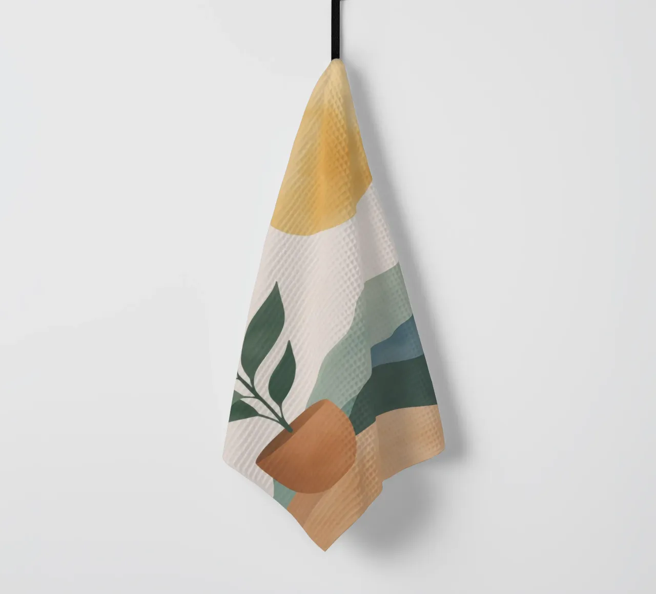 Boho Greenery in Topf mit Sonne Berge Earthy Minimal Art Geschirrtuch von Gentle Echoes Art
