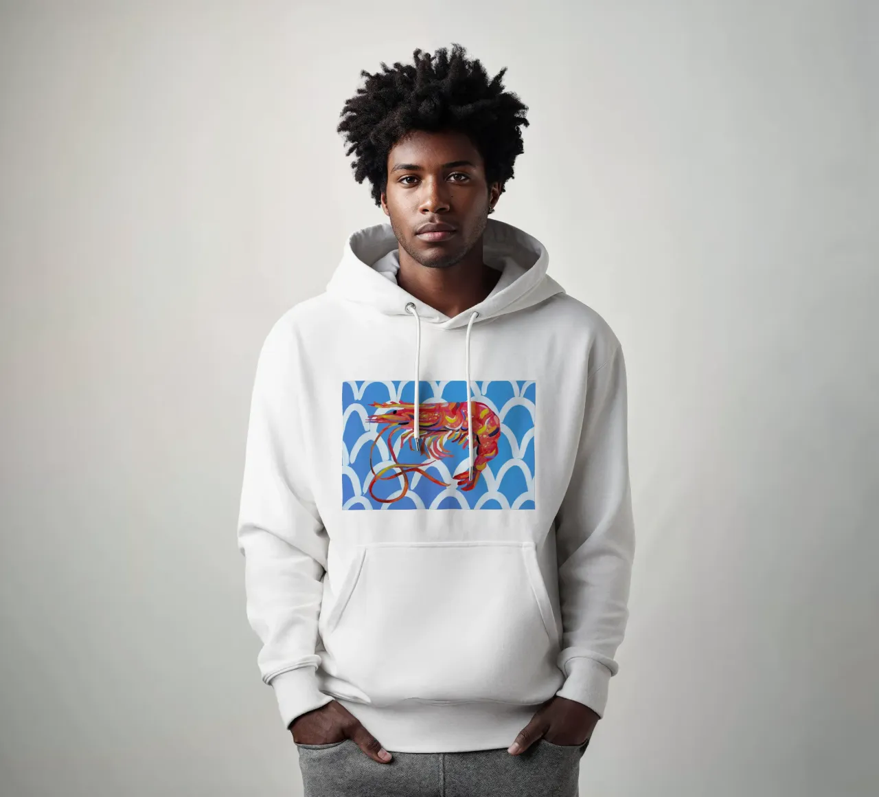 Prawn On Blue Wavey hoodie by Alice Straker