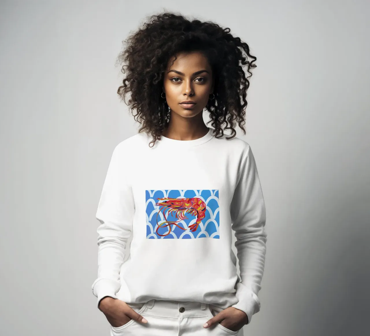 Prawn On Blue Wavey sweatshirt by Alice Straker