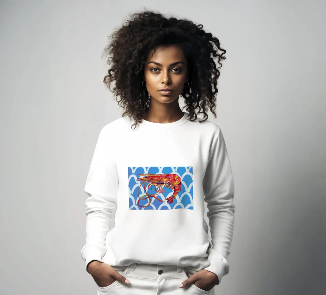 Prawn On Blue Wavey Sweatshirt von Alice Straker