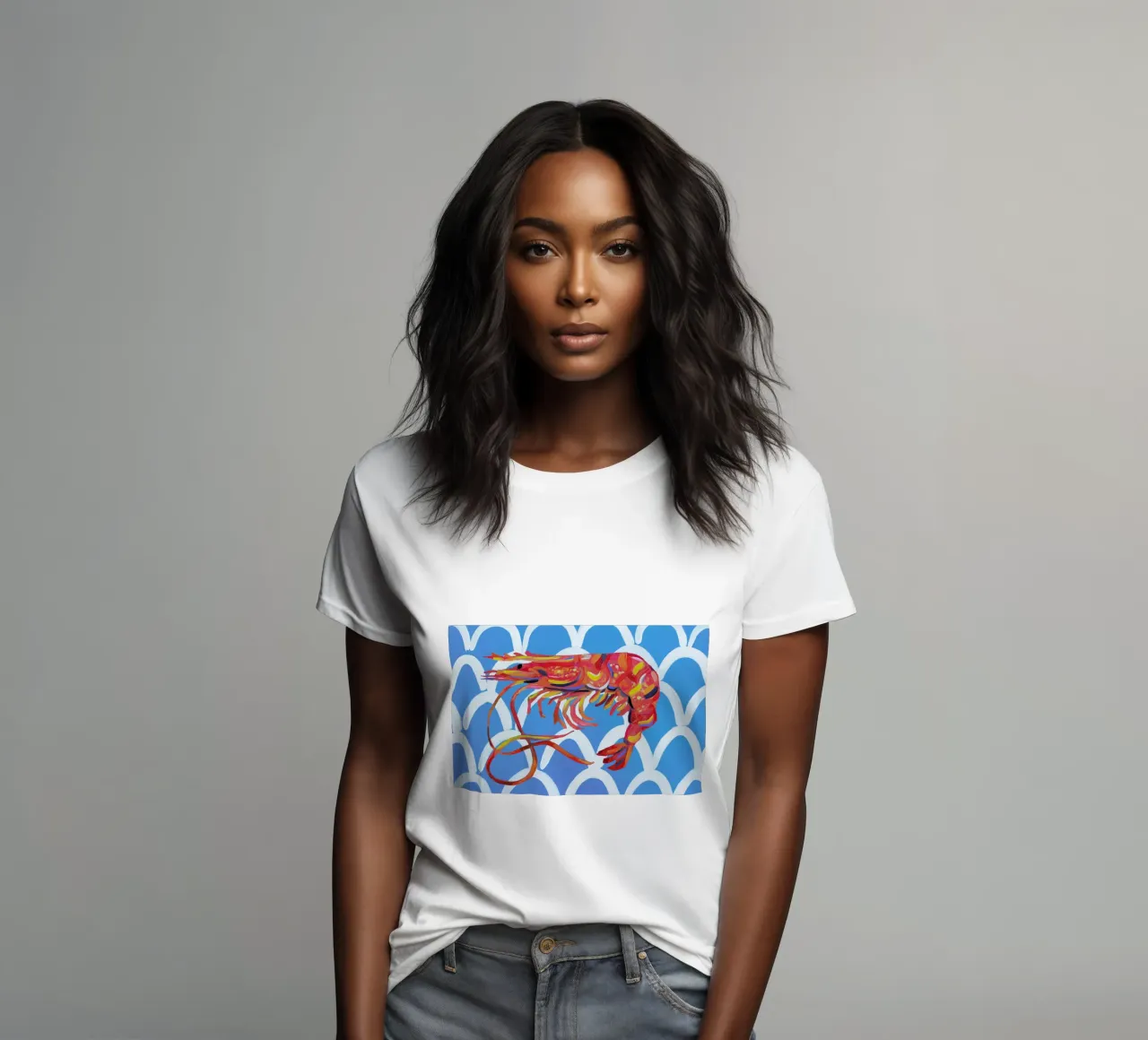 Prawn On Blue Wavey women's fitted t-shirt by Alice Straker