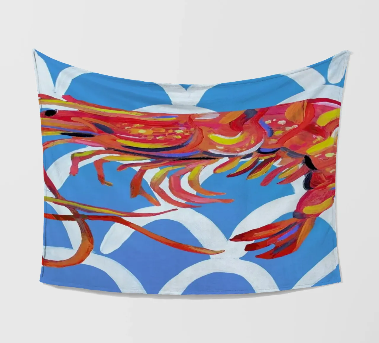 Prawn On Blue Wavey fleece blanket by Alice Straker