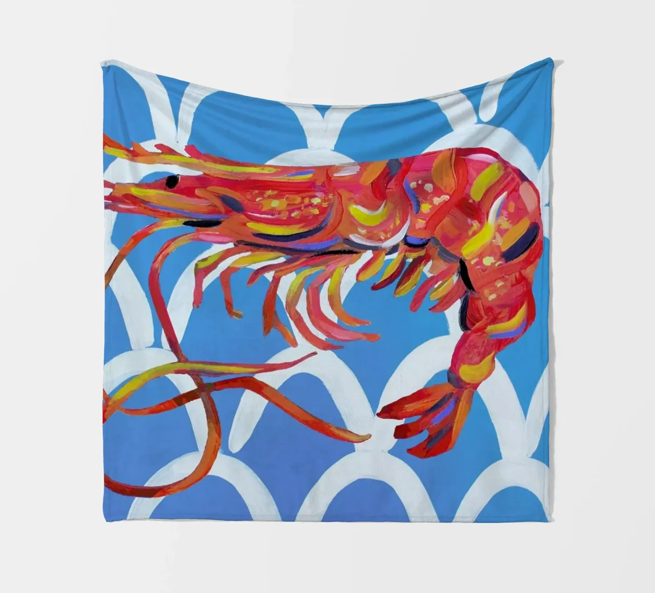 Prawn On Blue Wavey fleece blanket by Alice Straker