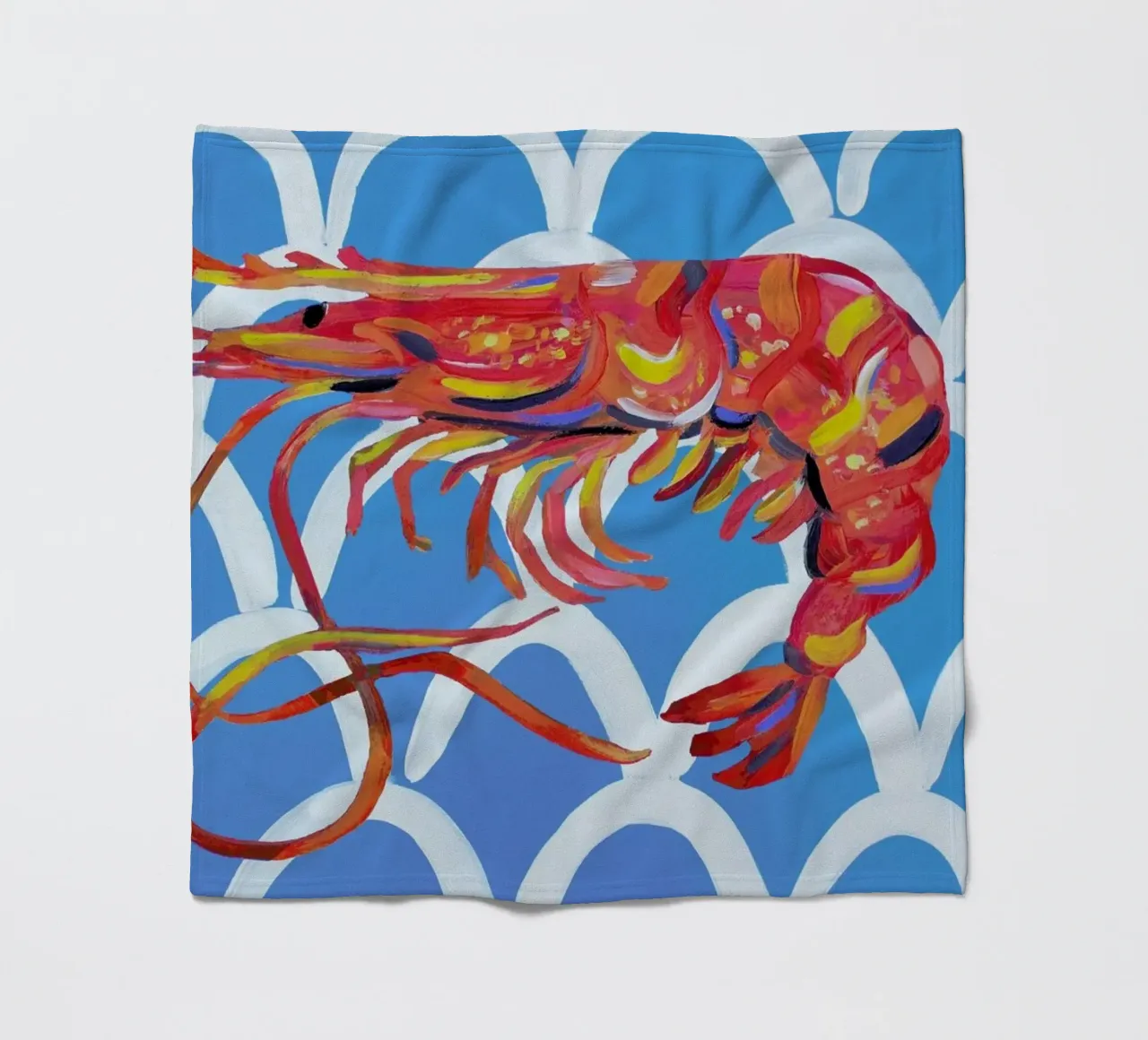 Prawn On Blue Wavey fleece blanket by Alice Straker