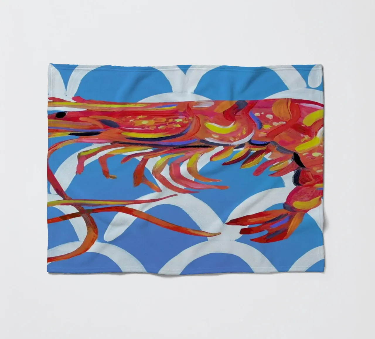 Prawn On Blue Wavey fleece blanket by Alice Straker