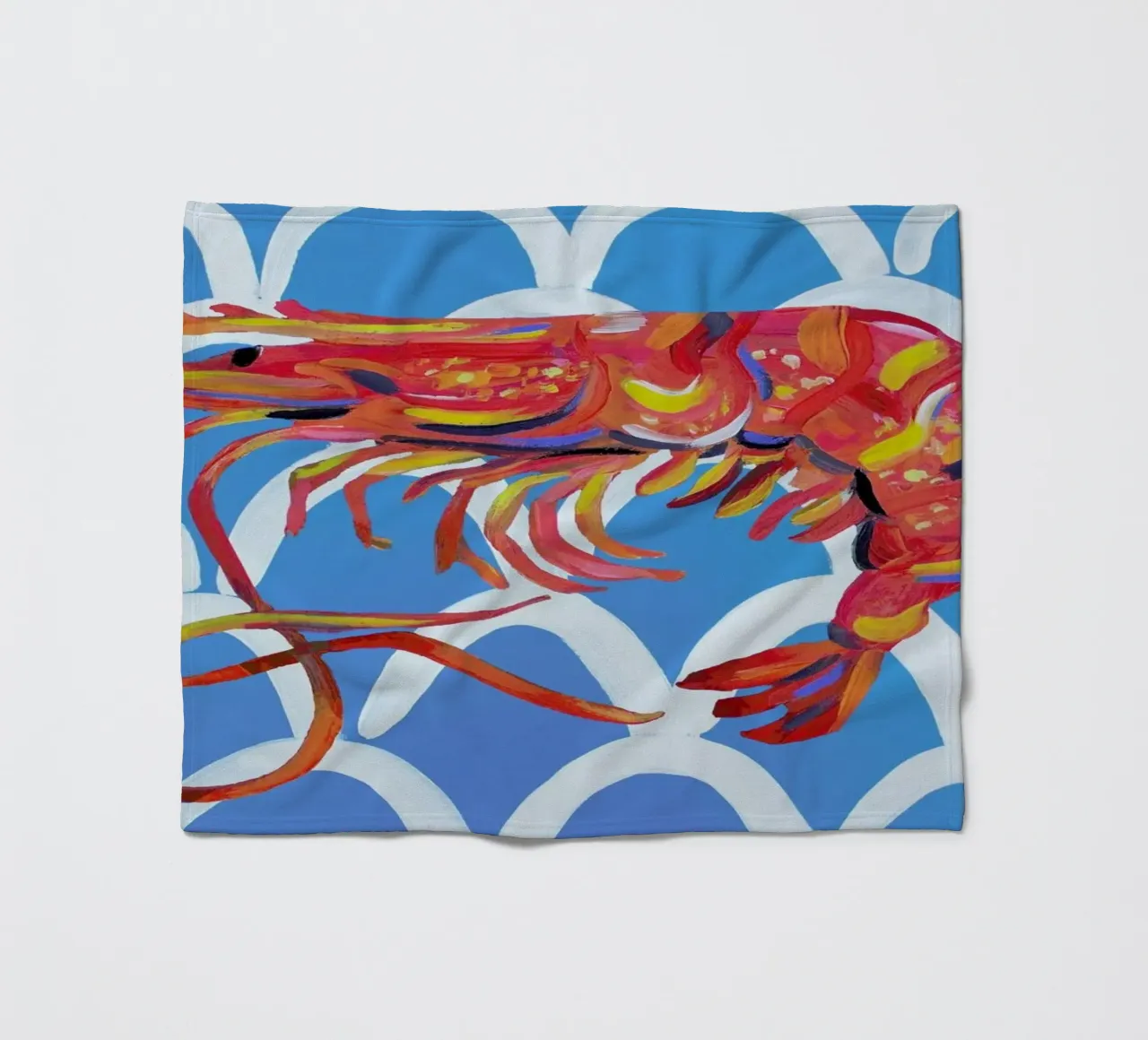 Prawn On Blue Wavey fleece blanket by Alice Straker