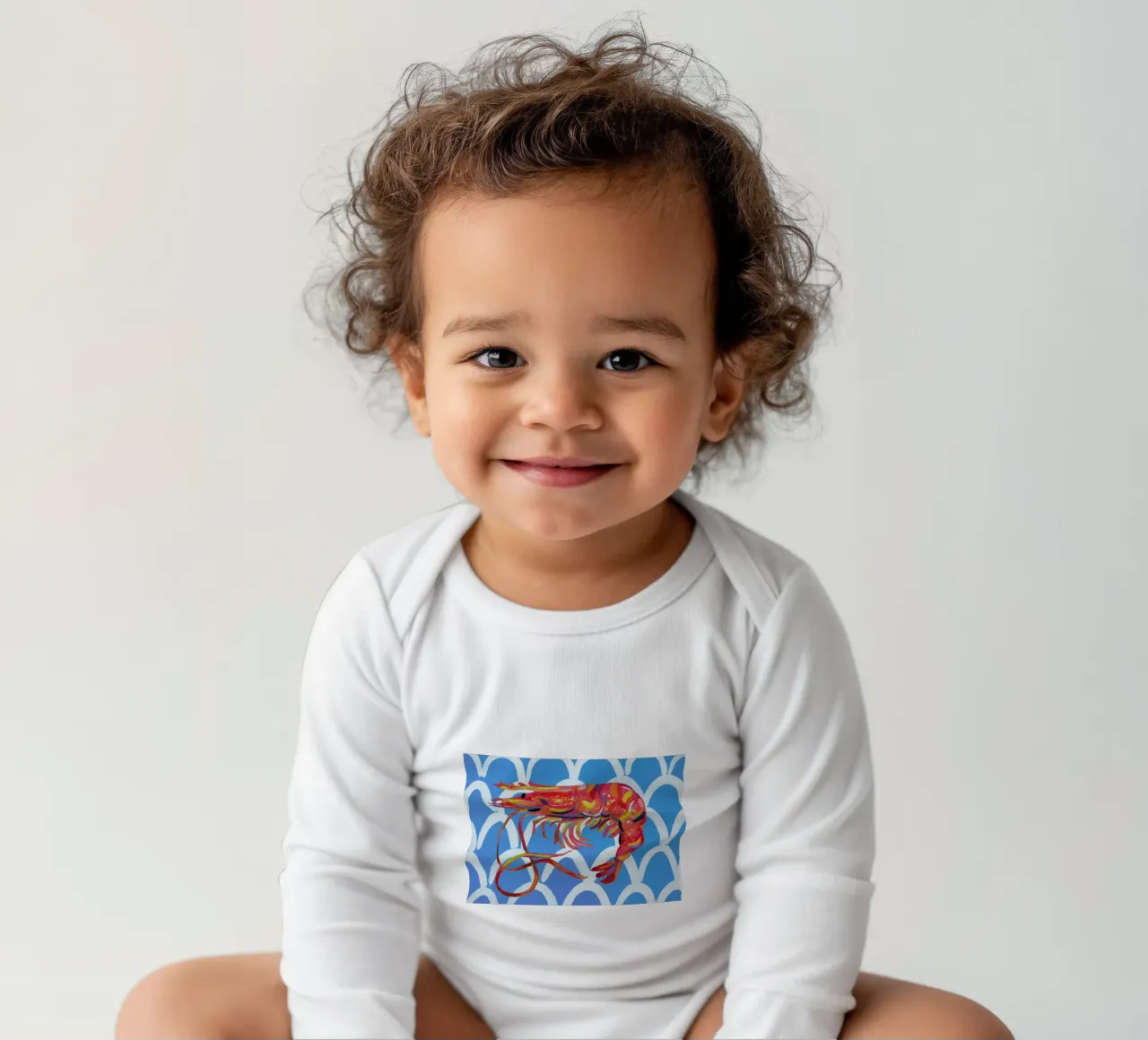 Prawn On Blue Wavey long-sleeve baby romper by Alice Straker