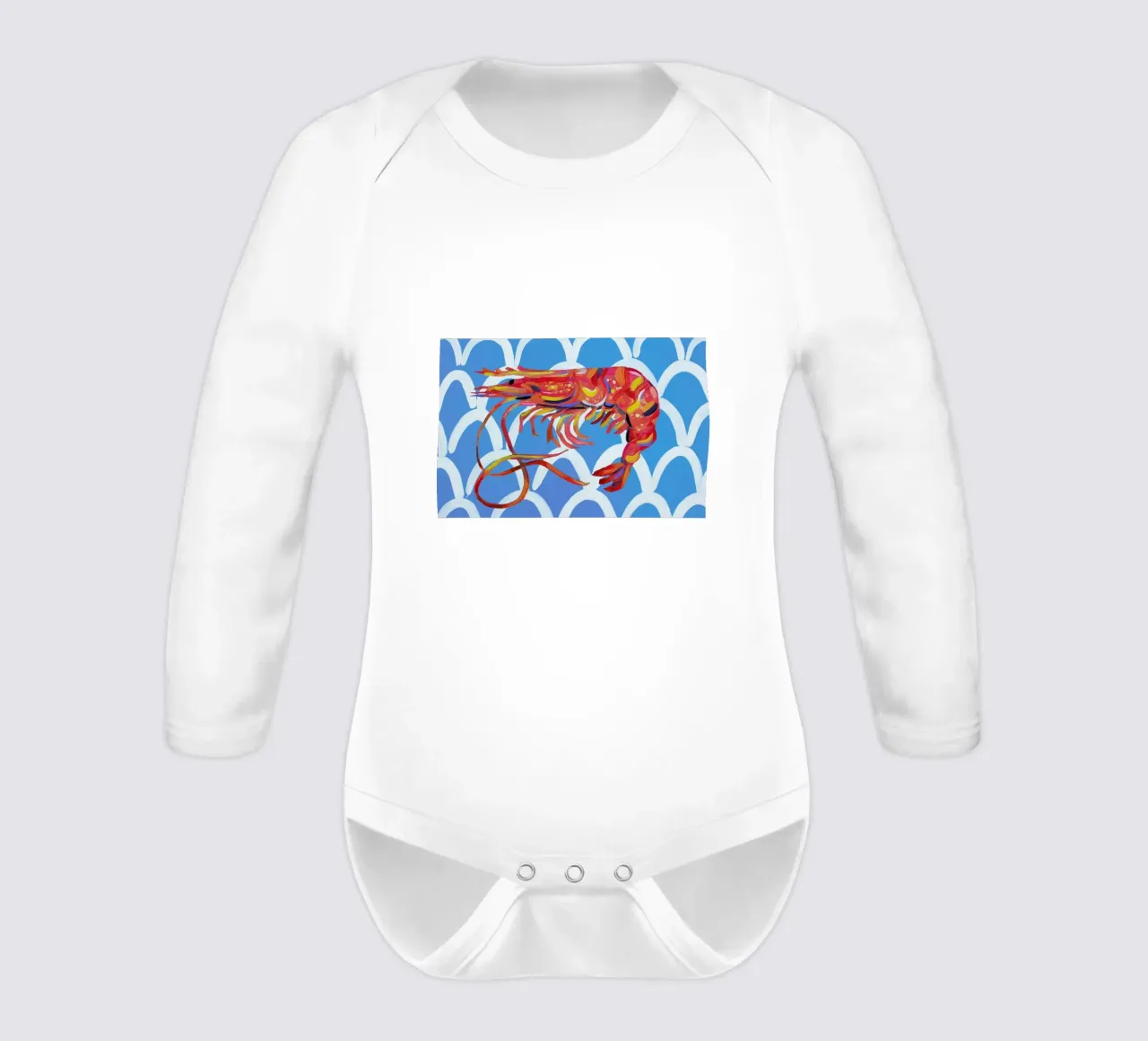 Prawn On Blue Wavey long-sleeve baby romper by Alice Straker