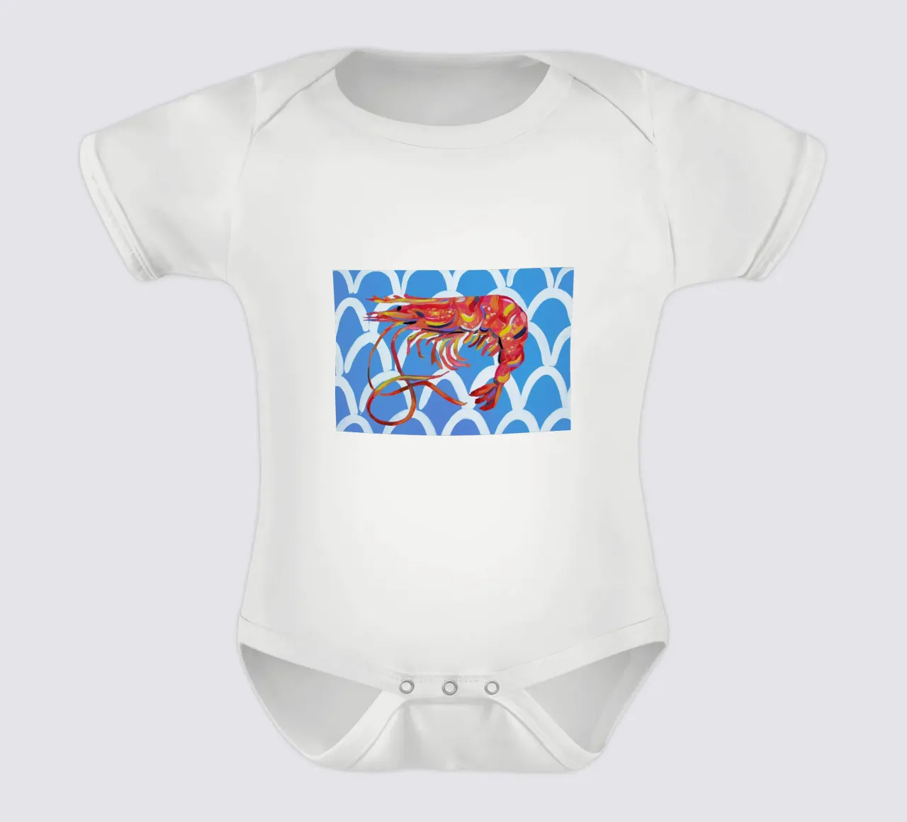Prawn On Blue Wavey short-sleeve baby romper by Alice Straker