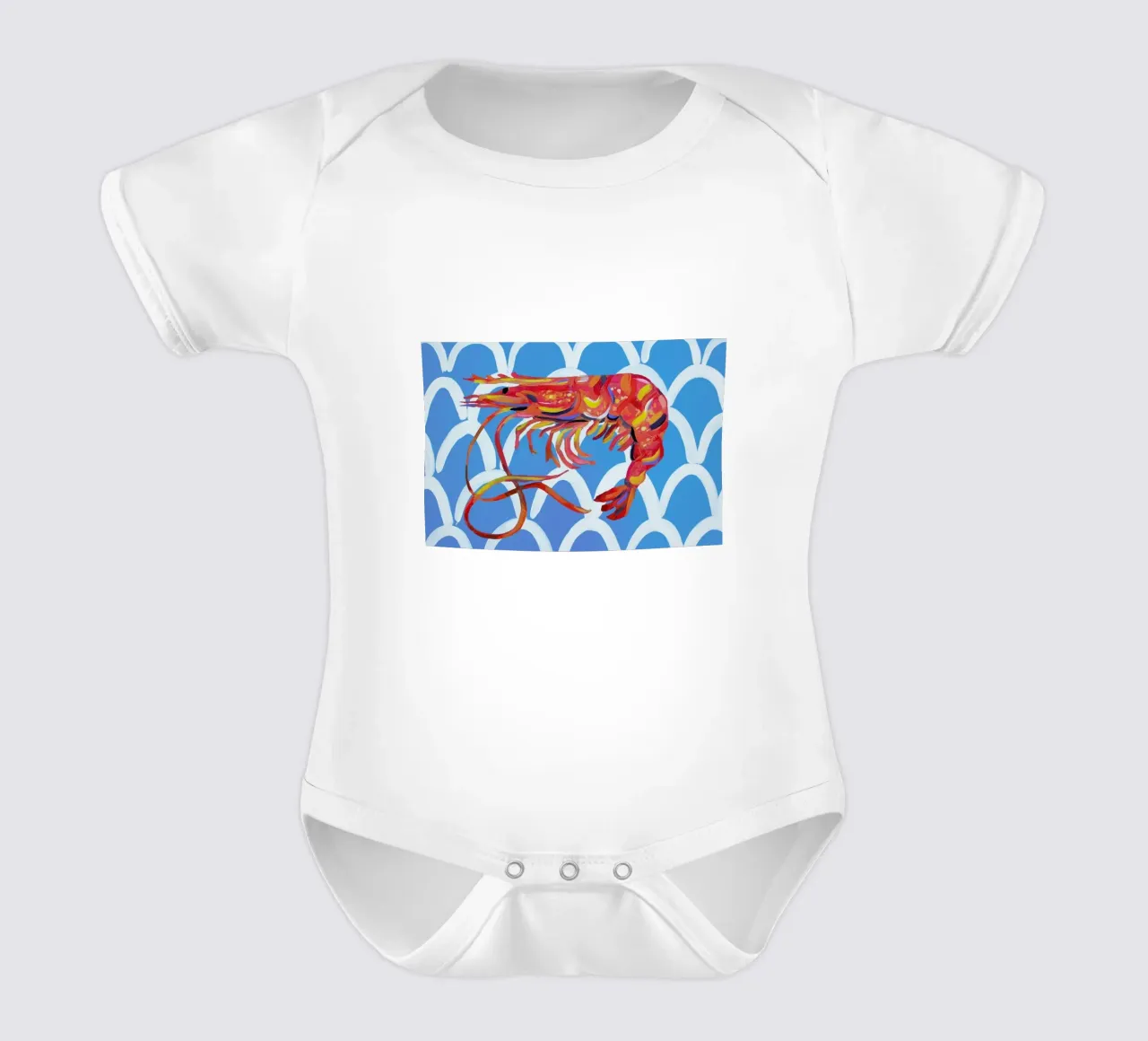 Prawn On Blue Wavey short-sleeve baby romper by Alice Straker