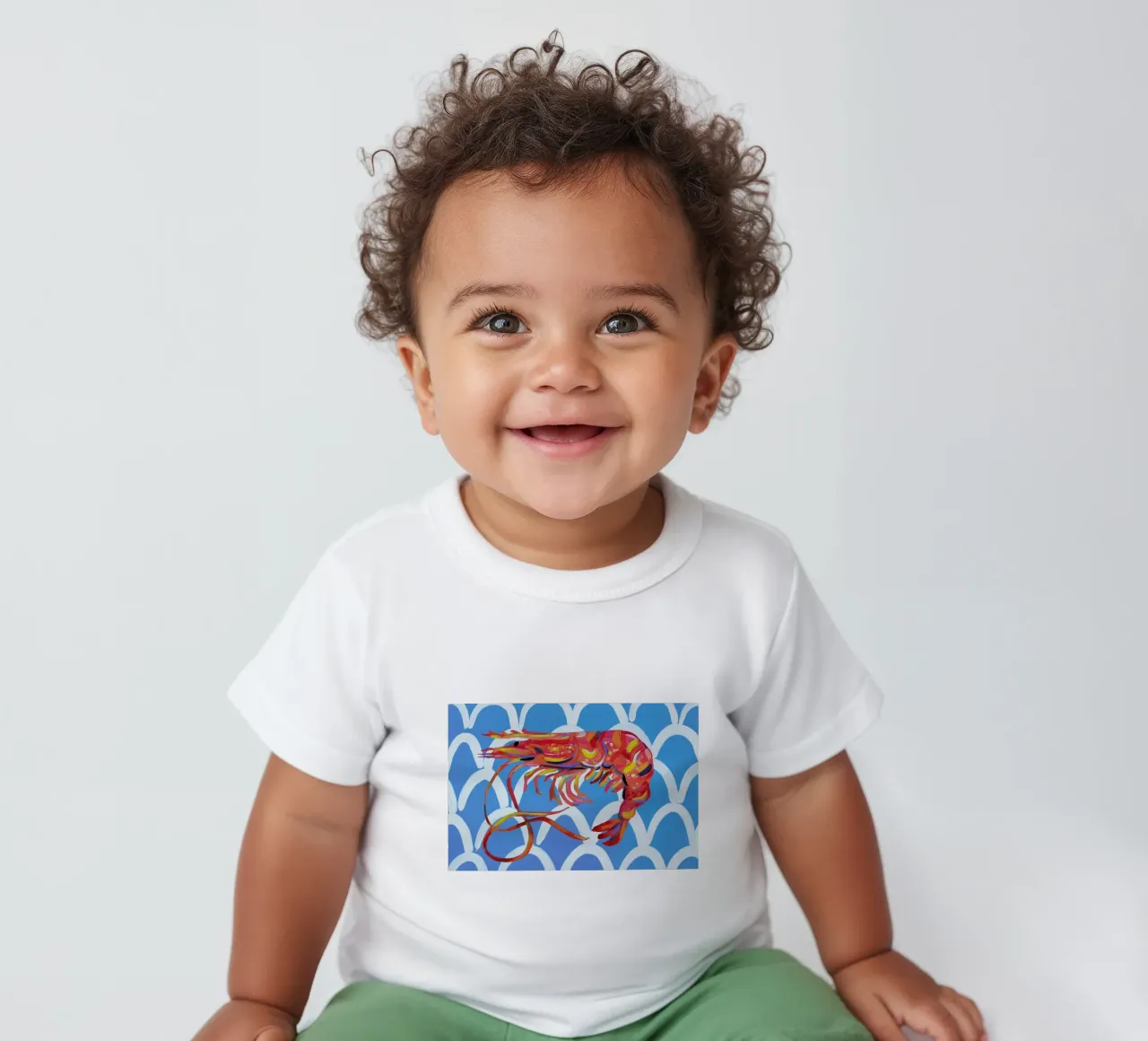 Prawn On Blue Wavey baby t-shirt by Alice Straker
