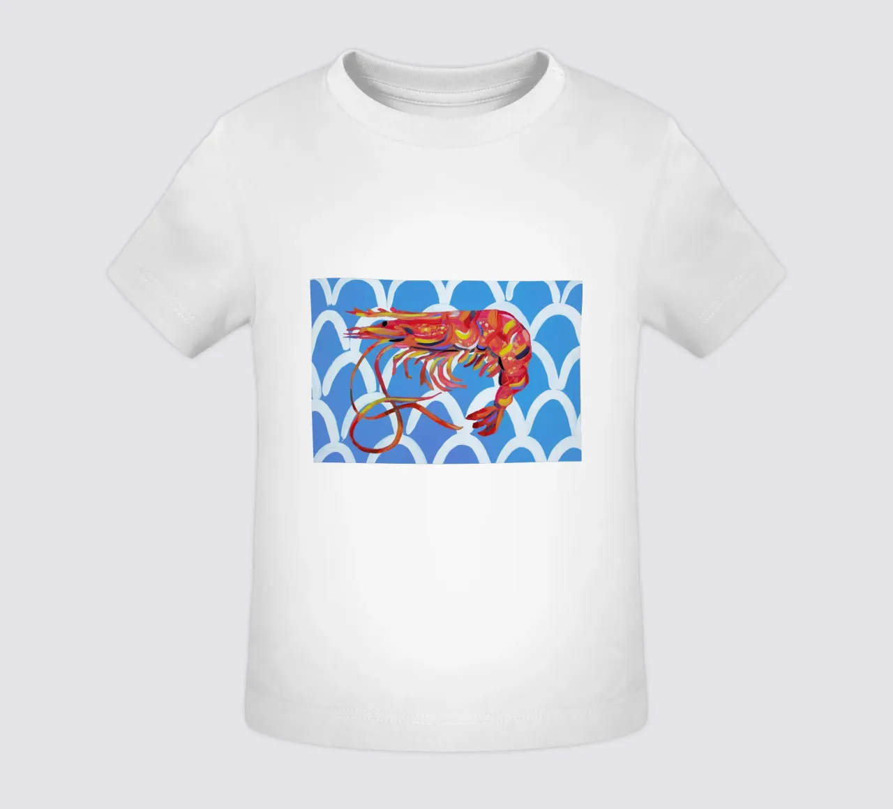 Prawn On Blue Wavey baby t-shirt by Alice Straker