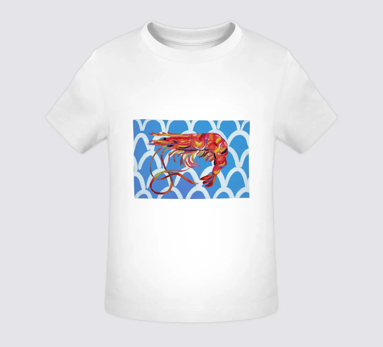 Prawn On Blue Wavey baby t-shirt by Alice Straker