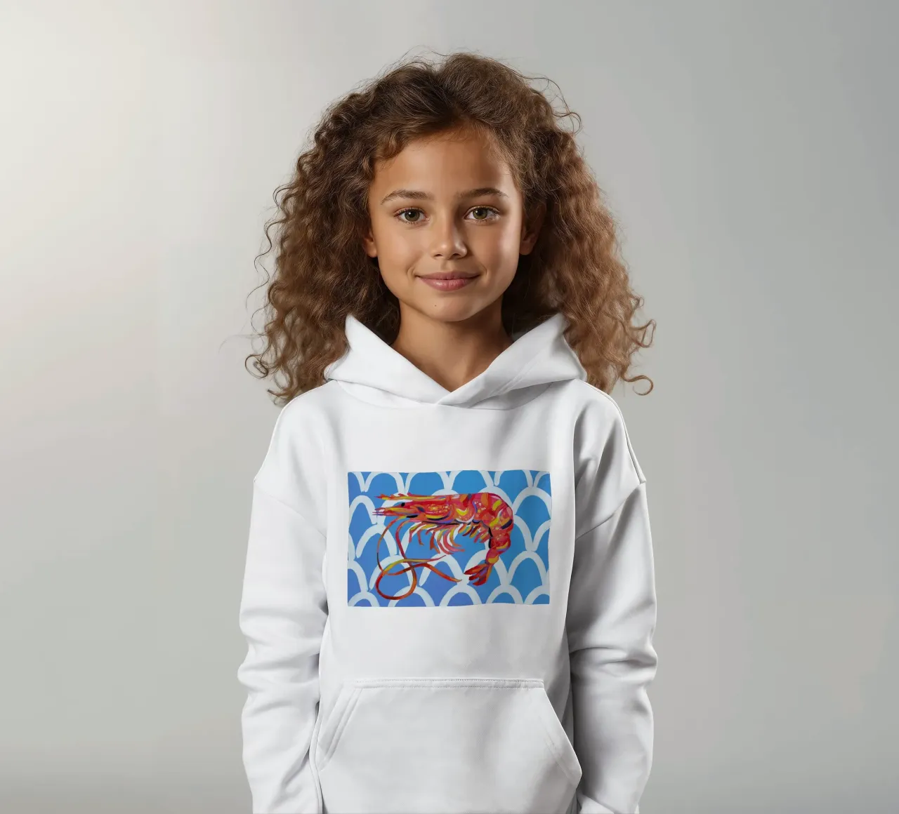 Prawn On Blue Wavey kids hoodie by Alice Straker