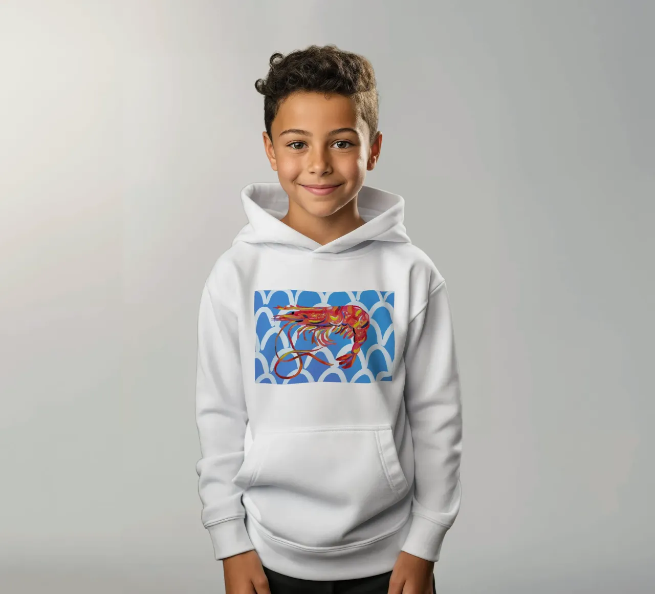 Prawn On Blue Wavey kids hoodie by Alice Straker