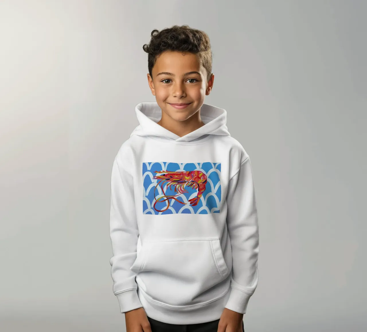 Prawn On Blue Wavey kids hoodie by Alice Straker