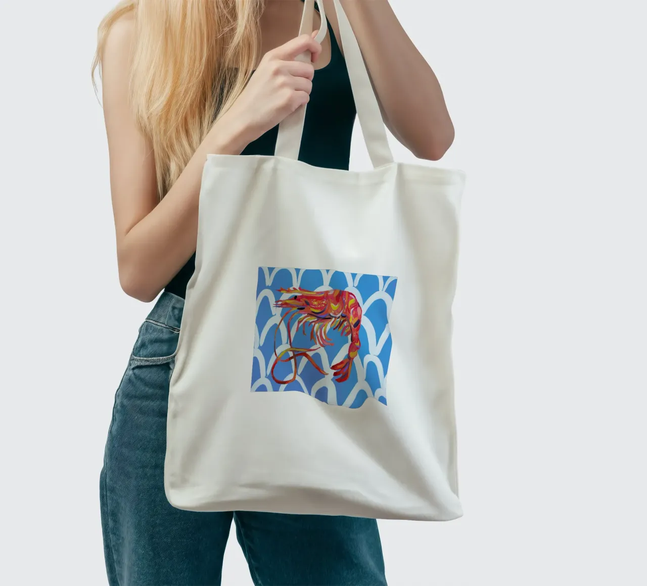 Prawn On Blue Wavey tote bag by Alice Straker