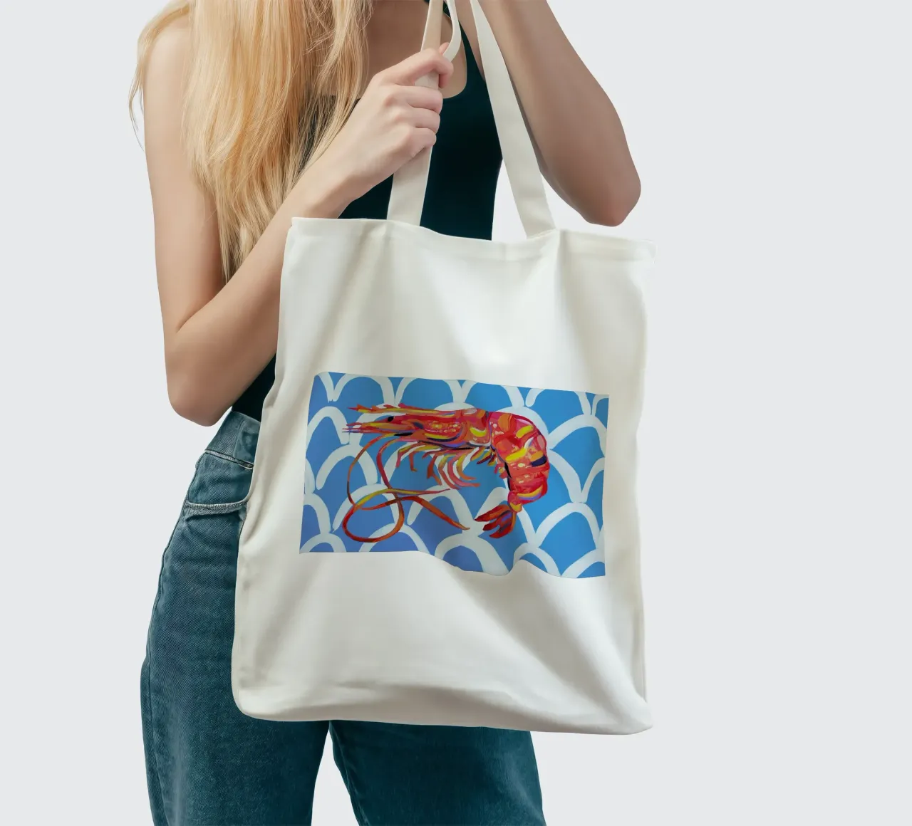 Prawn On Blue Wavey tote bag by Alice Straker