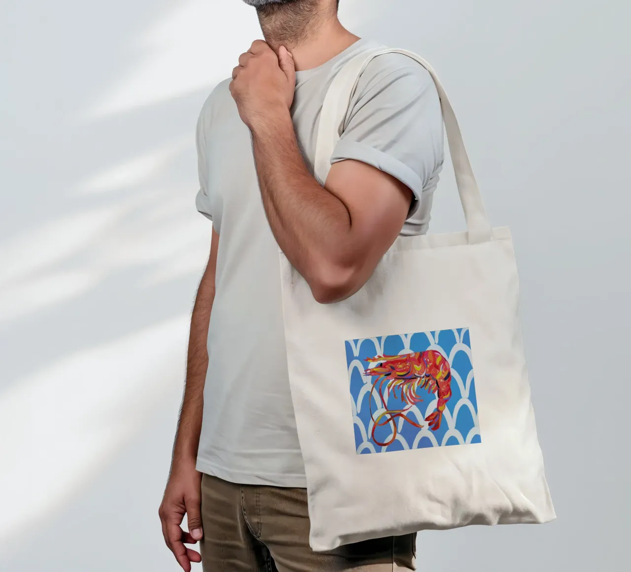 Prawn On Blue Wavey tote bag by Alice Straker