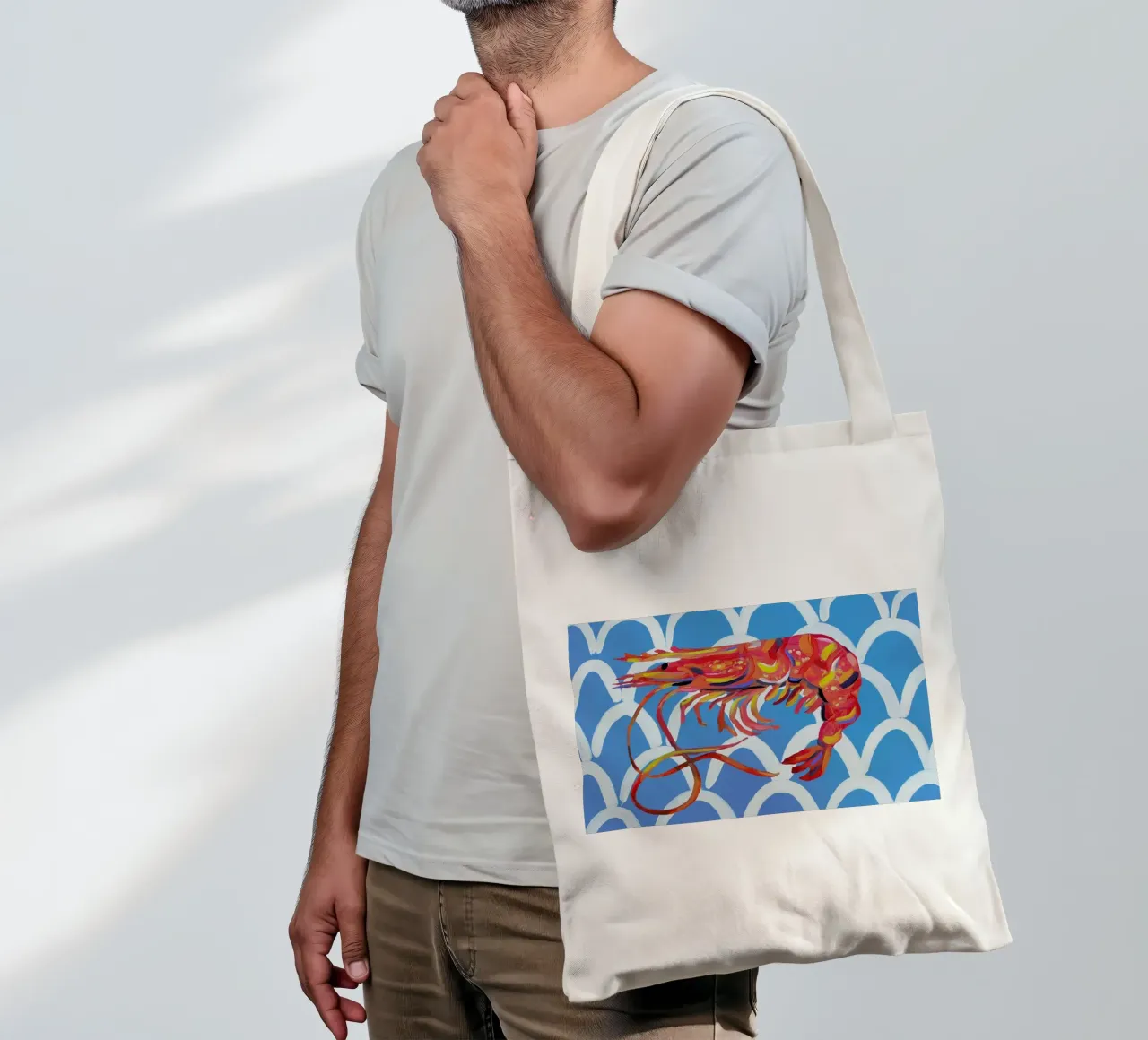 Prawn On Blue Wavey tote bag by Alice Straker