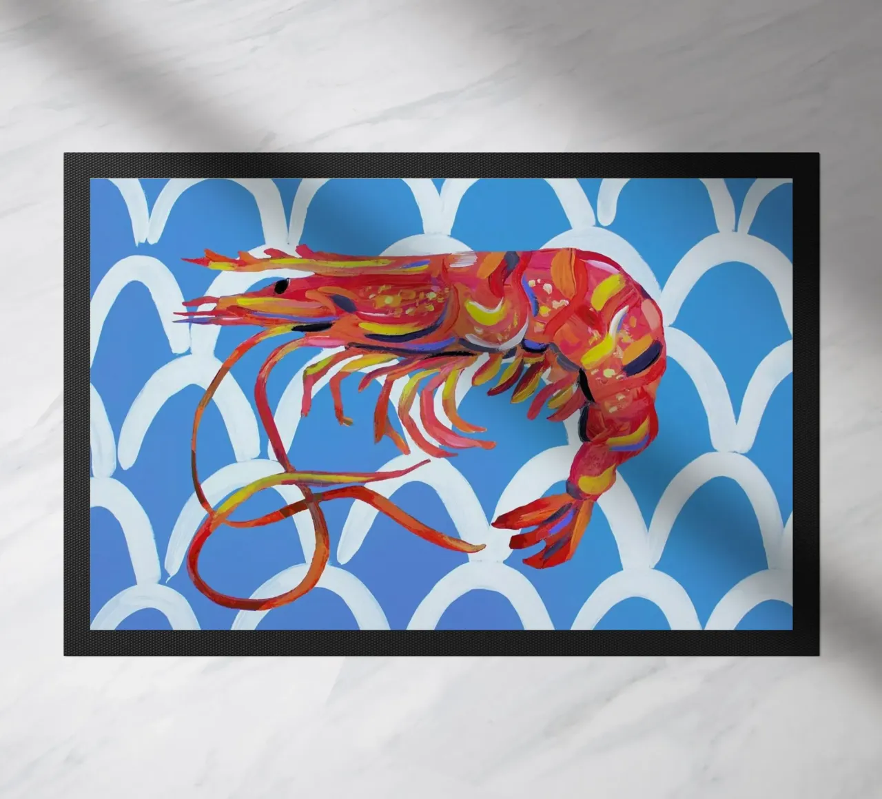 Prawn On Blue Wavey doormat by Alice Straker