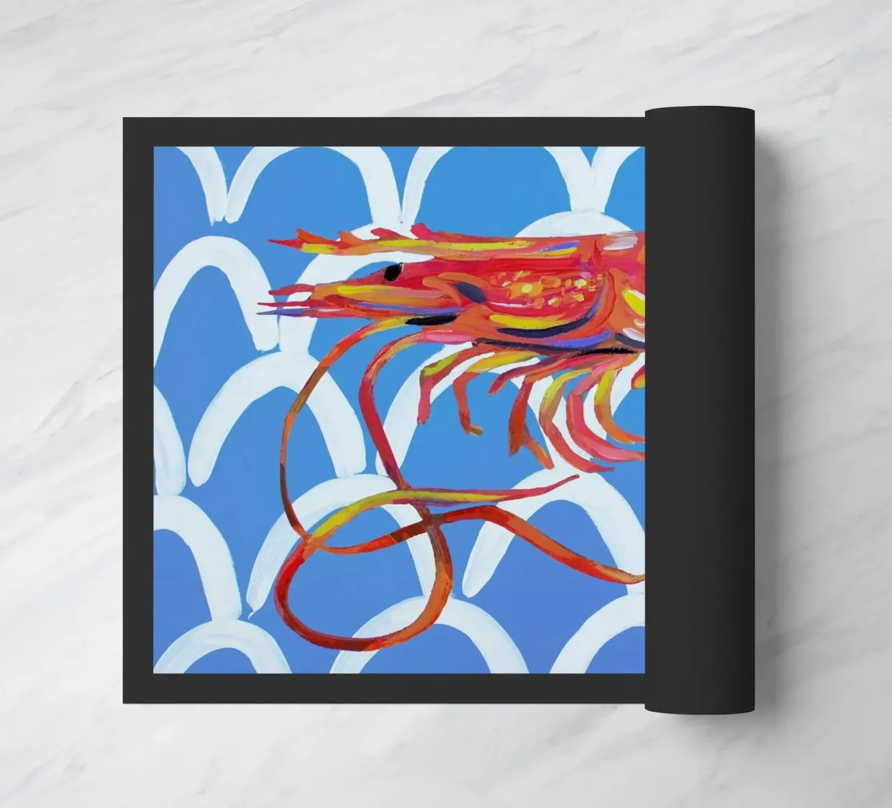 Prawn On Blue Wavey doormat by Alice Straker